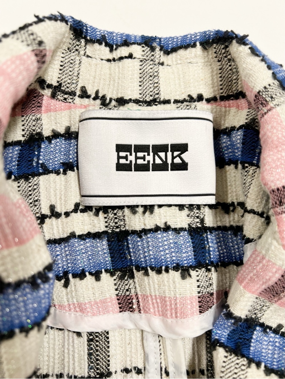 EENK Womens Ivory Pink Blue Preppy Single Breasted Short Tweed Jacket Size S - Picture 9 of 12